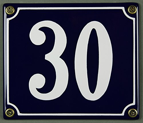 Emaille Hausnummernschild - Wählen Sie Ihre Nummer - Zahlen 1 bis 30 verfügbar - blau/weiß 12x12 cm und 12x14cm - sofort lieferbar! Hausnummer Schild wetterfest und lichtecht (30 blau/weiß 12x14cm)