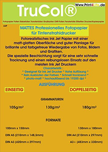 trucol DIN A3 Inkjet Papier, Photo – matt, 130g /m², 50 Blatt, 1-seitig beschichtet