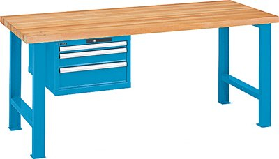 LISTA Werkbank, 2 Füße, 1 Schubladenblock, 3 Schubl.50,100, 150 mm,elektr. Zahlenschloss, Buchepl.50 mm , BxTxH 2000x800x850 mm, RAL 7035 lichtgrau