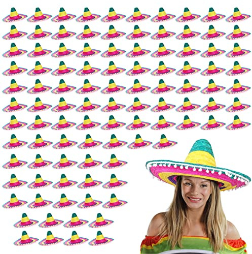Multicolour Mexican Sombrero - Pack of 24 - Straw Sombrero with White Pom Poms - Straw Hat Fancy Dress Costume Ideal for Hen/stag Night, Summer, Beach Party, Wholesale Bulk
