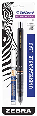Zebra DelGuard Druckbleistift mit Bonusmine, feine Spitze, 0,5 mm Spitzengröße, Standard #2 HB-Mine, schwarzer Schaft, 1 Stück