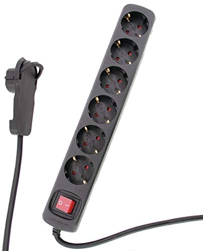 REV Steckdosenleiste SMART - Mehrfachsteckdose 6-Fach mit Flachstecker & beleuchtetem Schalter zum Stromsparen, 2m, 3680W, schwarz