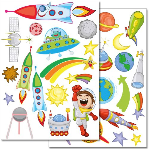 WANDKINGS Weltraum und Planeten Wandsticker Set, 36 Aufkleber, 2 DIN A4 Bögen, Gesamtfläche 60 x 20 cm