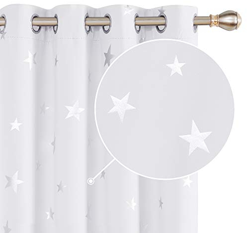 Deconovo Lot de 2 Rideaux Occultant Isotants Thermique Anti Froids Rideau pour Petite Fenetre à Oeillets Motifs Etoile ArgenteBlanc Pâle Gris117×138