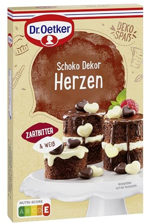 Dr. Oetker Schoko Dekor Herzen, 6 x 47 g, essbare Tortendekoration, zum Verzieren von Kuchen & Desserts, aus weißer und Zartbitter-Schokolade in Herzform