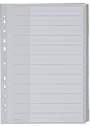 Leitz Register für A4, Deckblatt aus Karton und 12 Trennblätter aus Kunststoff, Taben mit auswechselbaren Einsteckschildchen, Extra Überbreite, Grau, 12730000