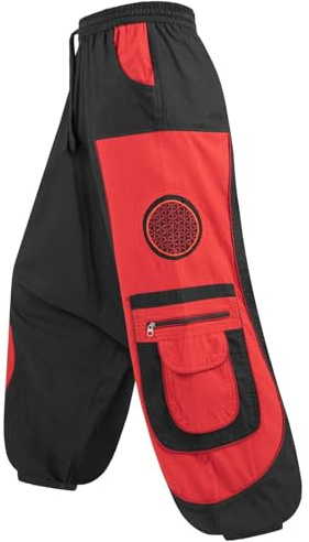 Kunst und Magie Flower of Life Hippie Haremshose Goahose Cargohose, Größe:S/M, Farbe:Schwarz/Rot