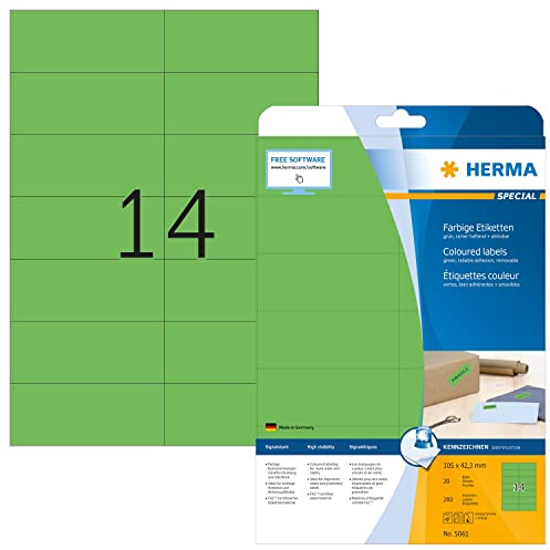 HERMA 5061 Farbige Etiketten grün ablösbar, 20 Blatt, 105 x 42,3 mm, 14 pro A4 Bogen, 280 Stück, selbstklebend, bedruckbar, matt, blanko Papier Farbetiketten Aufkleber