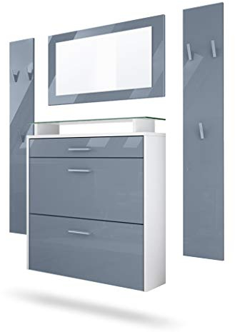 Vladon Garderobe Malea, Garderobenset bestehend aus 1 Hängeschuhschrank, 1 Wandspiegel und 2 Garderobenpaneele, Weiß matt/Grau Hochglanz