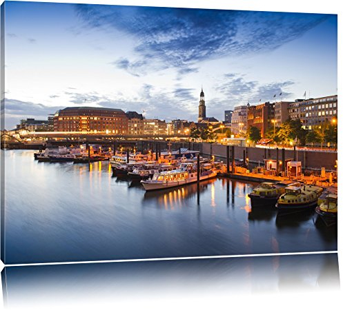 Pixxprint Hamburger Hafen am Abend, Größe: 80x60cm, Leinwandbild, fertig gespannt, Wandbild, Dekoration, Kunstdruck, kein Poster