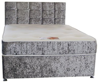 4FT SMALL DOUBLE Silver Crushed Velvet Divan Bed Set Including Luxurious Memory Foam Mattress And Dimante Headboard