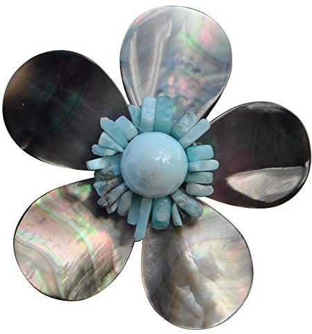 LES POULETTES BIJOUX - Broche Fleur en Nacre Grise Pépites et Perle de Larimar