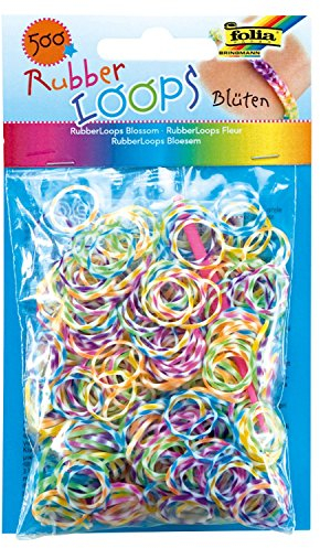 folia 339549 - Rubber Loops Blüten bunt sortiert, 500 Gummibänder, inklusive 25 stück - Clips und 1 Häkelnadel