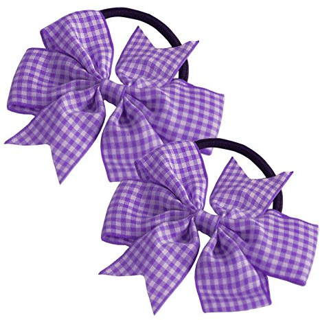 La Petite Fille 2 x 'Flat Fan' Bow Hair Bobbles | Hair Elastic | School Hair | Gingham Ribbon (Lilac & White)