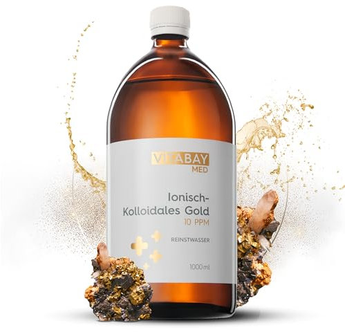 Vitabay Kolloidales Gold 10 PPM • 1000 ml • Hochdosiert • Reinheitsstufe 99,99% • Ohne weitere Zusätze • Abgefüllt in einer Braunglasflasche • Made in Germany