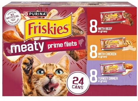 Purina Friskies Gravy Wet Cat Food Variety Pack, Prime Filets Meaty Favorites - (Pack of 24) 5.5 oz. Cans