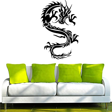 INDIGOS UG - Wandtattoo Wohnzimmer - Wandaufkleber Drache China Japan Monster 80x52, schwarz w007 Drachen - Aufkleber Kinderzimmer Schlafzimmer Küche Badezimmer Büro Dekoration