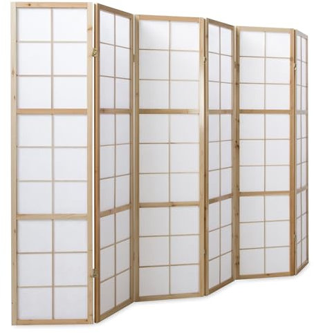Homestyle4u 280, Paravent Raumteiler 6 teilig Innen Holz Natur Trennwand Reispapier Weiß Höhe 175 cm