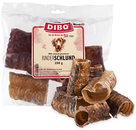 DIBO Rinder-Schlund/Rinder-Strosse, geschnitten 250g – getrockneter Naturkauartikel für Hunde – Luftröhre vom Rind als gesunder Kausnack – Barf Ergänzung & natürliche Zahnpflege ca. 10cm Stücke