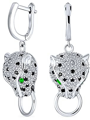 Nachlass Art Deco Stil Tier Spotted Schwarz Weiß Panther Katze Grün Auge Cubic Zirconia Pave CZ Hebel Zurück Baumeln Ohrringe Für Frauen Silber Vergoldet Messing