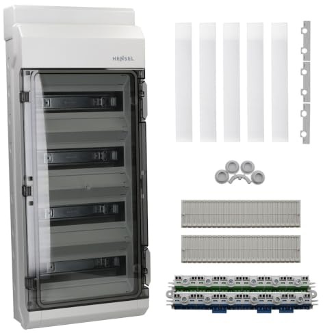Hensel KV 9448 M Sicherungskasten Aufputz, 4-reihig, 48 TE, IP65 | Kleinverteiler mit FIXCONNECT N/PE-Klemmen, DIN-Schienen und transparenter Tür – IP65 Verteilerkasten für geschützte Bereiche