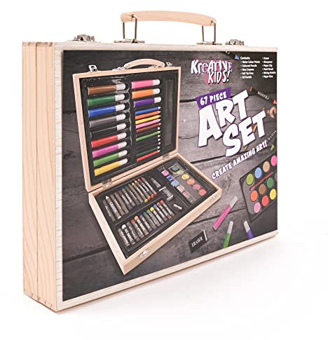 KandyToys Kreative Kids 67 Piece Traditional Wooden Kids Art Set - Fold Out Art Box with Pens; Pencils; Crayons
