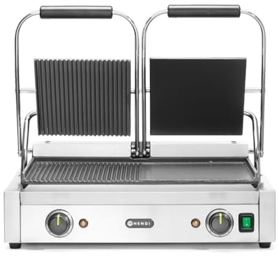 HENDI Piastra Elettrica a Contatto Doppia, Grill/Griglia Panini Professionale, Piastre Liscia e Rigata in Ghisa Smaltata, 230V, 3600W, 570x375x(H)216mm, Acciaio Inox