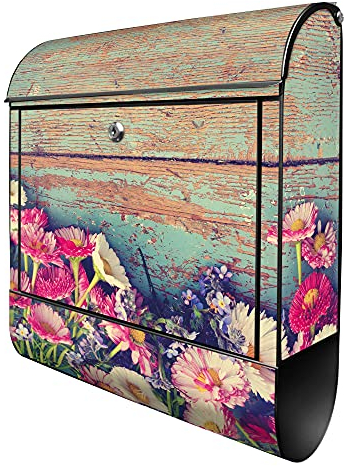 banjado® Design Briefkasten mit Blumenpfücken 38,5x46,5x13cm & 2 Schlüssel - Briefkasten Stahl schwarz mit Zeitungsfach pulverbeschichtet - Postkasten A4 Einwurf inkl. Montagematerial