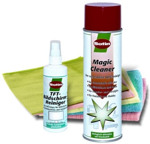 Reinigungsspray Set Büro/Computer u. Camping + 5 Mikrofaser-Tücher - TFT/Acrylglas und Schaum Reiniger - Sotin Kunststoffreiniger - Wohnmobil/Wohnwagen/Boot Putzset