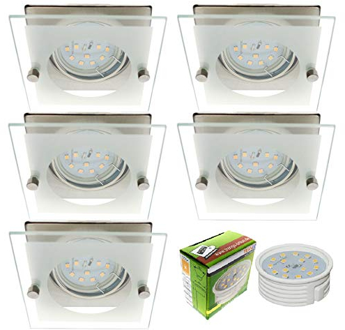5er Set Design dimmbare LED Einbaustrahler in Nickel matt 6733S-052MOSD Einbauspots I Einbauleuchten mit Deko-Glas inkl. 5x 5 Watt Ultra flach dimmbare LED Modul Leuchtmittel nur 30mm Einbautiefe I Deckenleuchte I Deckenspots