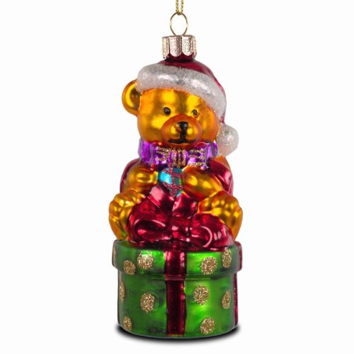 Sikora Christbaumschmuck Glas Ornament/BÄR MIT Geschenk UND MÜTZE - H: 11cm