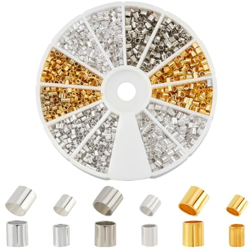 PH PandaHall 3000 Pcs Tube Crimp Perlen, 1.5/2mm Messing Tube Crimp Ende Abstandshalter Perlen Schnur Endkappen Lose Stopper Perlen für Ohrring Armband DIY Schmuck Herstellung, Gold/Silber/Platin