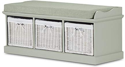 Tetbury Sage Green Storage Bench with 3 white baskets. Hallway bench with storage baskets and cushion seat. Fully Assembled