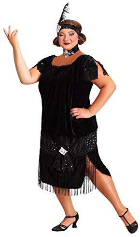 Fun Costumes Plus Size Flapper Costume for Women, Deluxe 1920s Outfit with Black Fringe Dress, Choker, & Headband