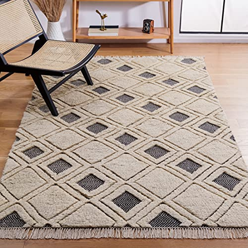 SAFAVIEH Kenya Collection Area Rug - 6' x 9', Ivory & Black, Hand-Knotted Wool, Ideal for High Traffic Areas in Living Room, Bedroom (KNY805A)