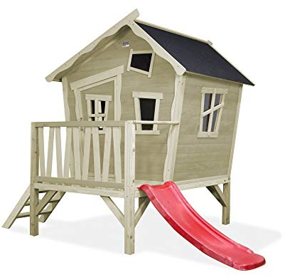 EXIT Toys Crooky 300 Holzspielhaus für Draußen - Mit Rutsche - Gartenhaus aus Holz für Kinder mit wasserdichtem Dach - Einfache Montage - 100% FSC Zedernholz - 269x184x227cm - Graubeige
