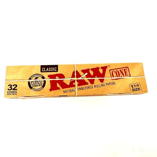 Raw Classic Natural Unrefined 1 1/4 Pre-Rolled Rolling Paper Cones 32 Per Box | Natural Unrefined