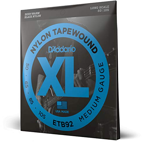 Cuerdas D'Addario para Guitarra Bajo, Nylon Negro Tapewound, ETB92, Escala Larga, Calibre Medio 50-105, Juego de 4 Cuerdas, Paquete de 1