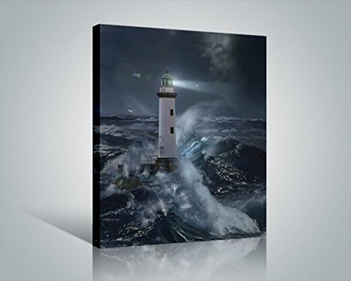 1art1 Leuchttürme Poster Leuchtturm Bei Sturm Im Mondlicht Bilder Leinwand-Bild Auf Keilrahmen | XXL-Wandbild Poster Kunstdruck Als Leinwandbild 50x40 cm