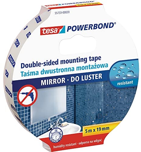 Tesa Powerbond Mirror - Nastro biadesivo di montaggio per specchi, resistente all'umidità, per bagno e doccia, 5 m x 19 mm