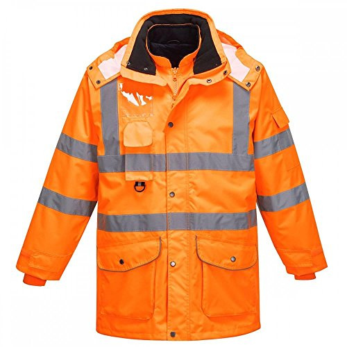 Portwest RT27 7-in-1 Arbeitsjacke 6 Taschen Langarm Baumwolle Reflektierend | Orange, 4XL, EN ISO 20471 Klasse 3, EN 342, 300D Oxford, Abnehmbare Ärmel, Reißverschluss, Wasserdicht