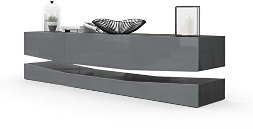 Vladon Lowboard City, Made in Germany, TV-Kommode mit Sockelelement, 1 offenem Fach und 3 Schubkästen, Schwarz Hochglanz/Grau Hochglanz (178 x variabel x 39 cm)