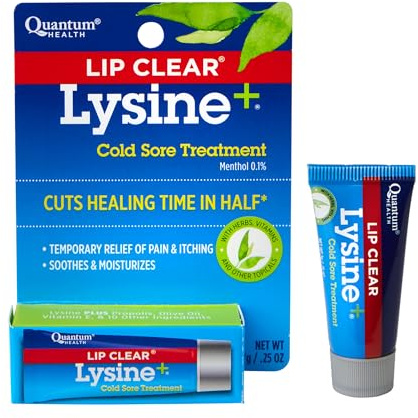Quantum Health Lip Clear Lysine+ Cold Sore Treatment Soothe & Moisturize Mouth Sores - L-Lysine Menthol Calendula & Propolis Ointment - Transparent Fever Blister Healing Balm - 0.25 Oz