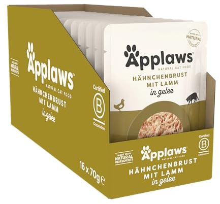 Applaws Premium Natural Katzenfutter Nass, Huhn mit Lamm in Gelee 70g Portionsbeutel (16x70g)