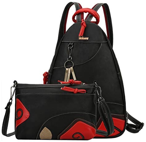 Eshow Sac à Dos Femme en Cuir 2 Pièces Petit Sacs Portés Dos Sac d'épaule Sac Bandoulière Multifonctionnel Fort Backpack Anti-vol Pour Voyage avec Port USB