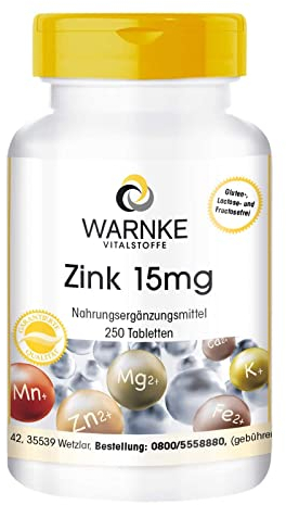 Zinc 15 mg - 250 Tablets for 250 Days - zinc gluconate, Vegan | Warnke Vitalstoffe - German Pharmacy Quality