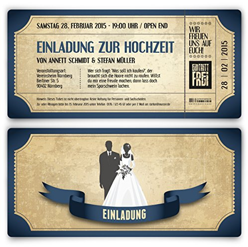 Kartenmachen.de Personalisierte Einladungskarten zur Hochzeit (ab 10 Stück Sets selbst gestalten) als Eintrittskarte mit echtem Abriss im Vintage Ticket Look Hochzeitskarten in Blau