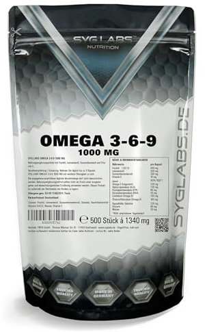 Syglabs Omega 3-6-9 1000mg hochdosiert - 500 Kapseln | Fischöl , Leinsamenöl und Sonnenblumenöl - hochwertige Omega Fettsäuren