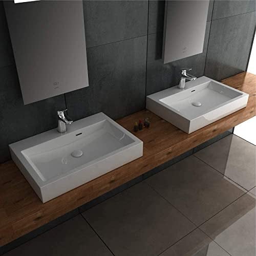 Alpenberger Mineralguss Aufsatzwaschbecken 60 cm Breit Weiß | Handwaschbecken mit Integriertem Überlauf | Eckiges & Elegantes Ausgussbecken | Aufsatz Becken für Gästeklo & Bäder
