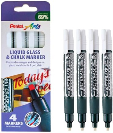 Pentel Arts Wet Erase Chalk Marker, Standard Chisel Tip, White ink, 1 pack of 4 markers